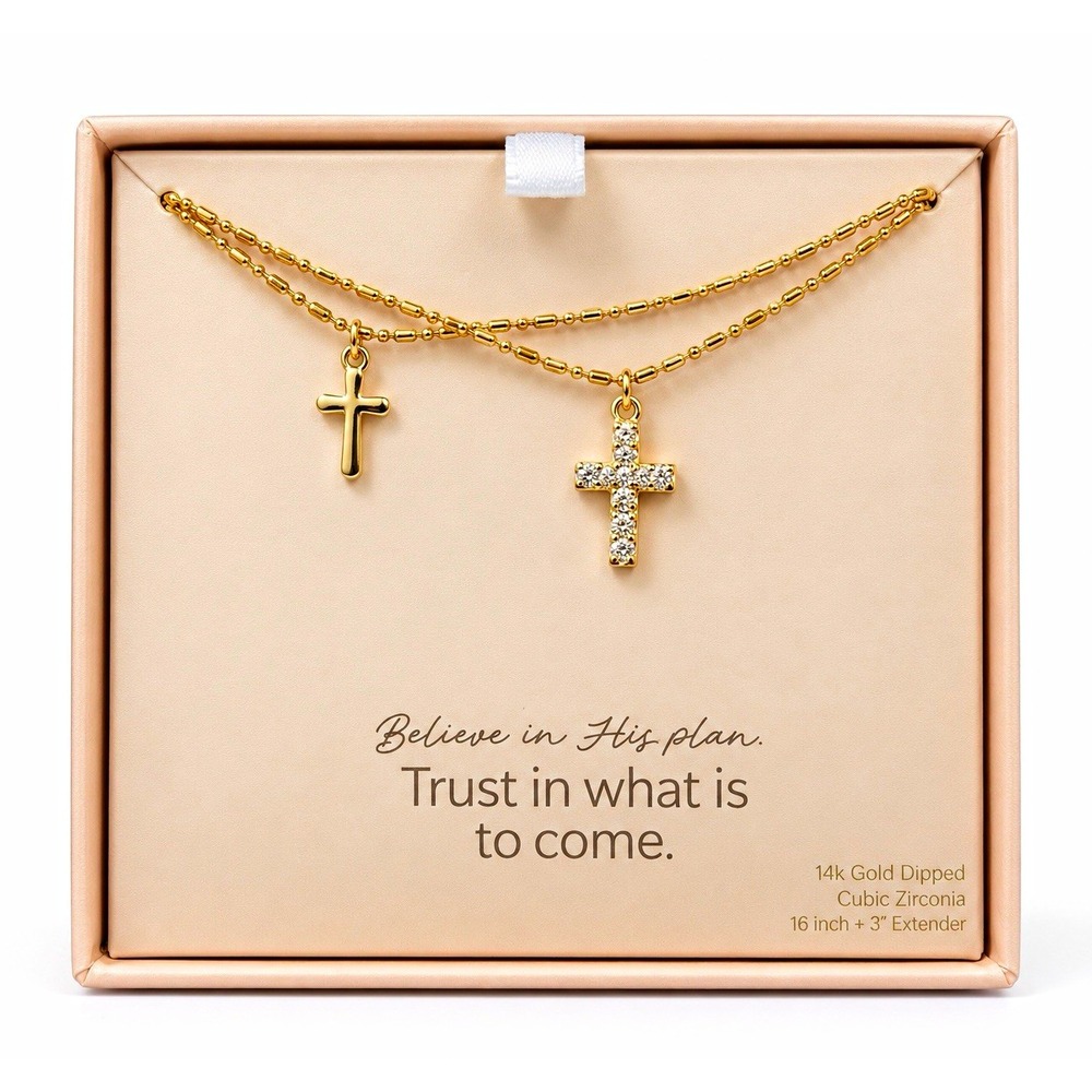 Believe Double Cross Necklace 14K Gold Dipped Cubic Zirconia 16”+3”